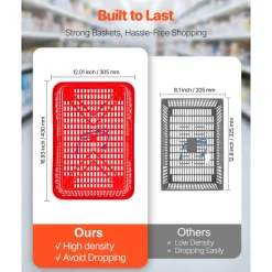 VEVOR Shopping Baskets, 12 PCS, 21L Stackable PE Plastic Grocery Baskets with Handles, Dense Mesh Structure, Holds up to 20 lbs, Portable for Grocery, Retail, Stores, Supermarket, Home Use, Black
