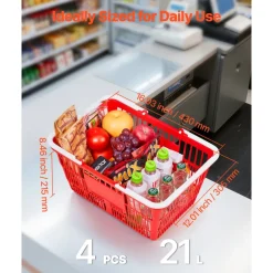 VEVOR Shopping Baskets, 12 PCS, 21L Stackable PE Plastic Grocery Baskets with Handles, Dense Mesh Structure, Holds up to 20 lbs, Portable for Grocery, Retail, Stores, Supermarket, Home Use, Black