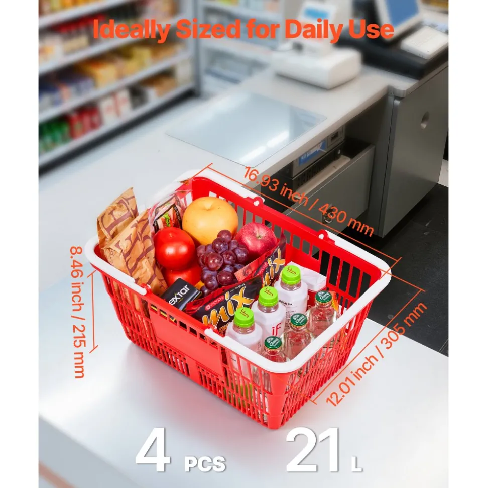 VEVOR Shopping Baskets, 12 PCS, 21L Stackable PE Plastic Grocery Baskets with Handles, Dense Mesh Structure, Holds up to 20 lbs, Portable for Grocery, Retail, Stores, Supermarket, Home Use, Black