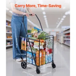 VEVOR Shopping Cart, Folding Grocery Utility Cart with Dual Baskets, Waterproof Liner & Wheels, 100 LBS Large Load Capacity, Heavy Duty Laundry Basket for Laundry, Shopping, Camping, Grocery, Luggage