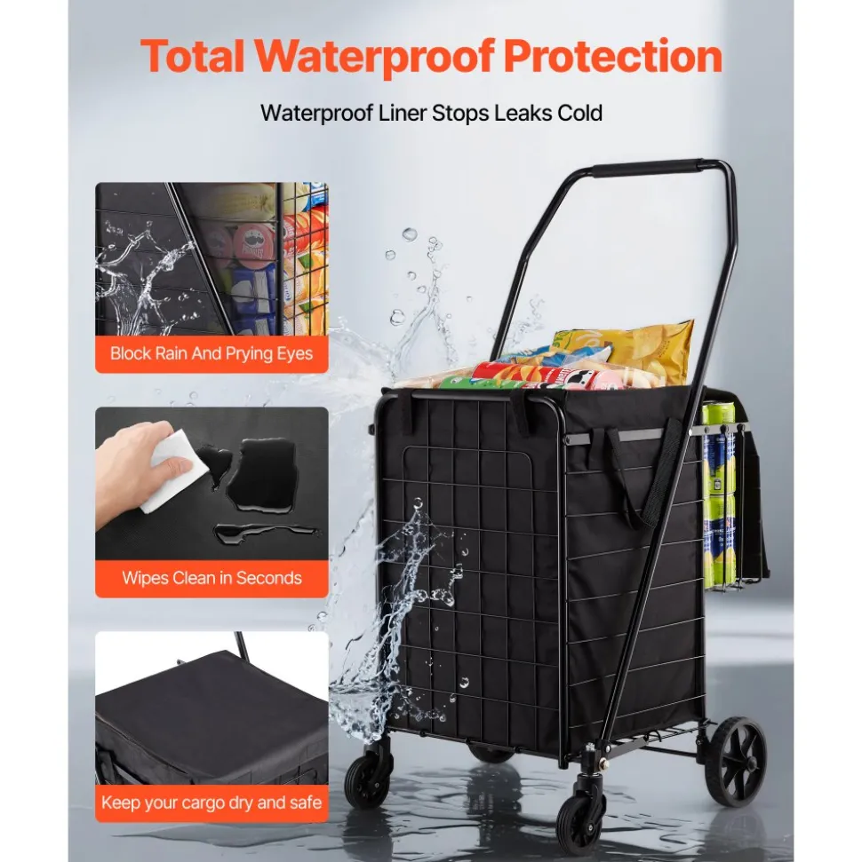 VEVOR Shopping Cart, Folding Grocery Utility Cart with Dual Baskets, Waterproof Liner & Wheels, 100 LBS Large Load Capacity, Heavy Duty Laundry Basket for Laundry, Shopping, Camping, Grocery, Luggage