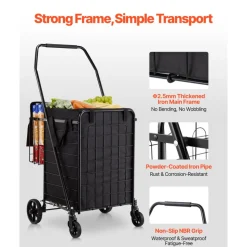 VEVOR Shopping Cart, Folding Grocery Utility Cart with Dual Baskets, Waterproof Liner & Wheels, 100 LBS Large Load Capacity, Heavy Duty Laundry Basket for Laundry, Shopping, Camping, Grocery, Luggage