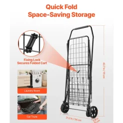 VEVOR Shopping Cart, Folding Grocery Utility Cart with Dual Baskets, Waterproof Liner & Wheels, 100 LBS Large Load Capacity, Heavy Duty Laundry Basket for Laundry, Shopping, Camping, Grocery, Luggage