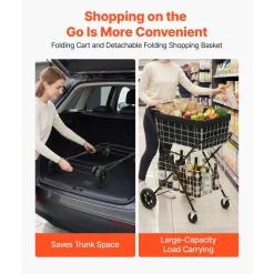 VEVOR Shopping Cart 2-Tier with Wheels Foldable for Grocery 88lbs Capacity, Heavy Duty Utility Cart with 2 Detachable Storage Baskets, 360° Rolling Swivel Wheels, for Groceries, Warehouse, Supermarket