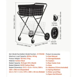 VEVOR Shopping Cart 2-Tier with Wheels Foldable for Grocery 88lbs Capacity, Heavy Duty Utility Cart with 2 Detachable Storage Baskets, 360° Rolling Swivel Wheels, for Groceries, Warehouse, Supermarket