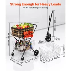 VEVOR Shopping Cart 2-Tier with Wheels Foldable for Grocery 88lbs Capacity, Heavy Duty Utility Cart with 2 Detachable Storage Baskets, 360° Rolling Swivel Wheels, for Groceries, Warehouse, Supermarket