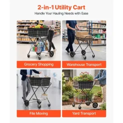 VEVOR Shopping Cart 2-Tier with Wheels Foldable for Grocery 88lbs Capacity, Heavy Duty Utility Cart with 2 Detachable Storage Baskets, 360° Rolling Swivel Wheels, for Groceries, Warehouse, Supermarket