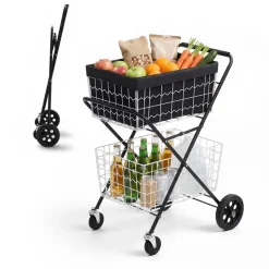 VEVOR Shopping Cart 2-Tier with Wheels Foldable for Grocery 88lbs Capacity, Heavy Duty Utility Cart with 2 Detachable Storage Baskets, 360° Rolling Swivel Wheels, for Groceries, Warehouse, Supermarket
