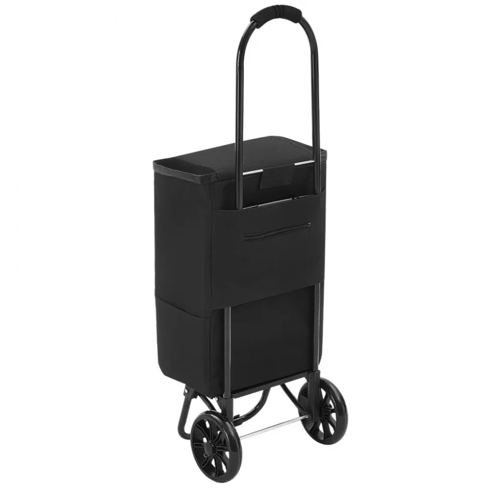 VEVOR Shopping Cart with Wheels Foldable Trolley Dolly for Groceries Black, 2-in-1 Rolling Utility Cart with Detachable Bag, Soft Foam Handle, Storage Compartments, Compact for Market Laundry Camping