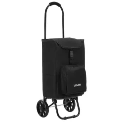 VEVOR Shopping Cart with Wheels Foldable Trolley Dolly for Groceries Black, 2-in-1 Rolling Utility Cart with Detachable Bag, Soft Foam Handle, Storage Compartments, Compact for Market Laundry Camping