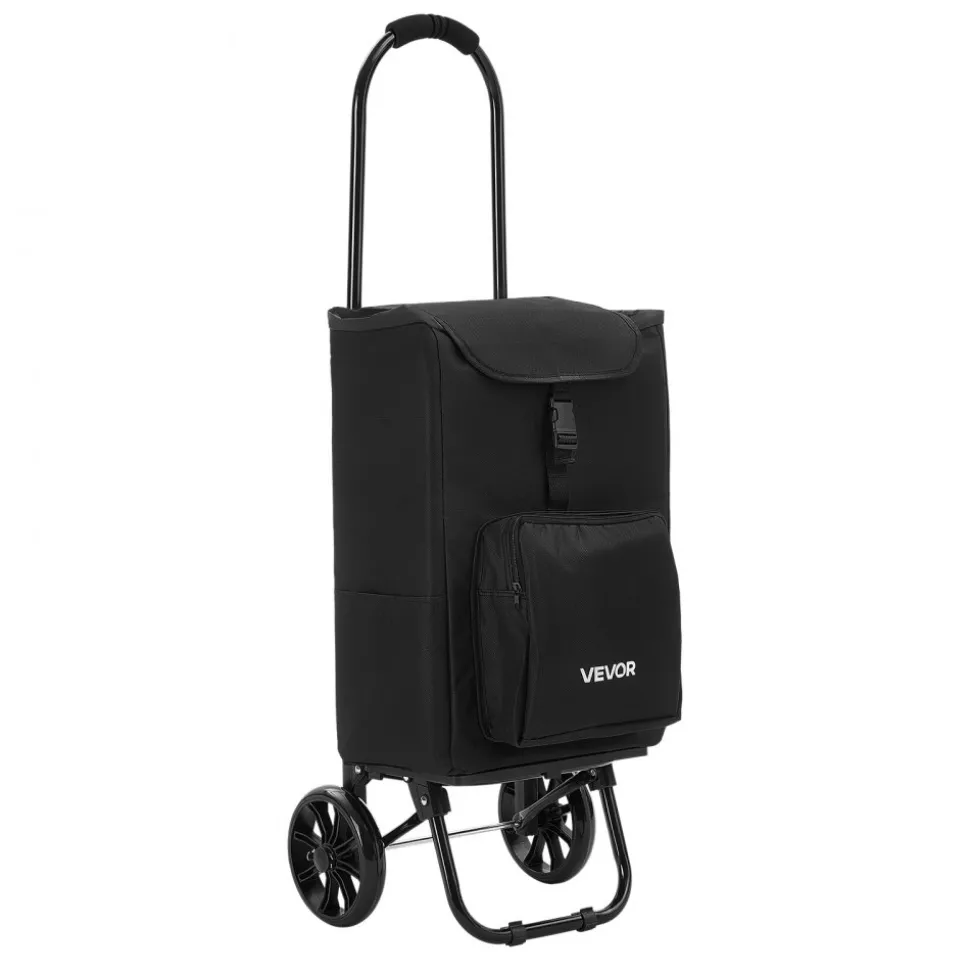 VEVOR Shopping Cart with Wheels Foldable Trolley Dolly for Groceries Black, 2-in-1 Rolling Utility Cart with Detachable Bag, Soft Foam Handle, Storage Compartments, Compact for Market Laundry Camping