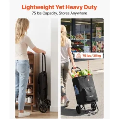 VEVOR Shopping Cart with Wheels Foldable Trolley Dolly for Groceries Black, 2-in-1 Rolling Utility Cart with Detachable Bag, Soft Foam Handle, Storage Compartments, Compact for Market Laundry Camping