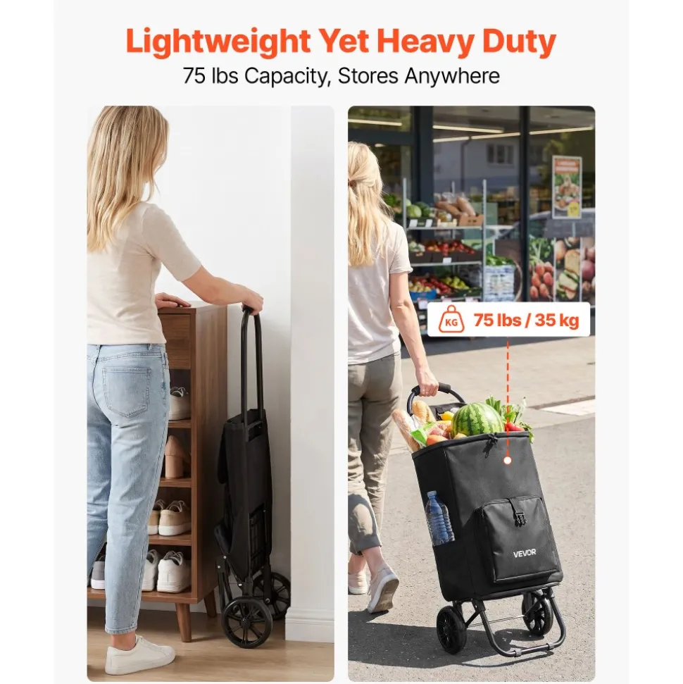 VEVOR Shopping Cart with Wheels Foldable Trolley Dolly for Groceries Black, 2-in-1 Rolling Utility Cart with Detachable Bag, Soft Foam Handle, Storage Compartments, Compact for Market Laundry Camping