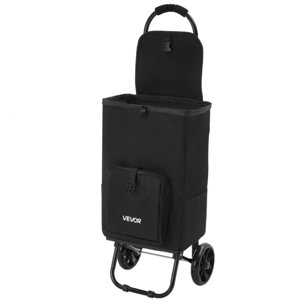 VEVOR Shopping Cart with Wheels Foldable Trolley Dolly for Groceries Black, 2-in-1 Rolling Utility Cart with Detachable Bag, Soft Foam Handle, Storage Compartments, Compact for Market Laundry Camping