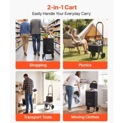 VEVOR Shopping Cart with Wheels Foldable Trolley Dolly for Groceries Black, 2-in-1 Rolling Utility Cart with Detachable Bag, Soft Foam Handle, Storage Compartments, Compact for Market Laundry Camping