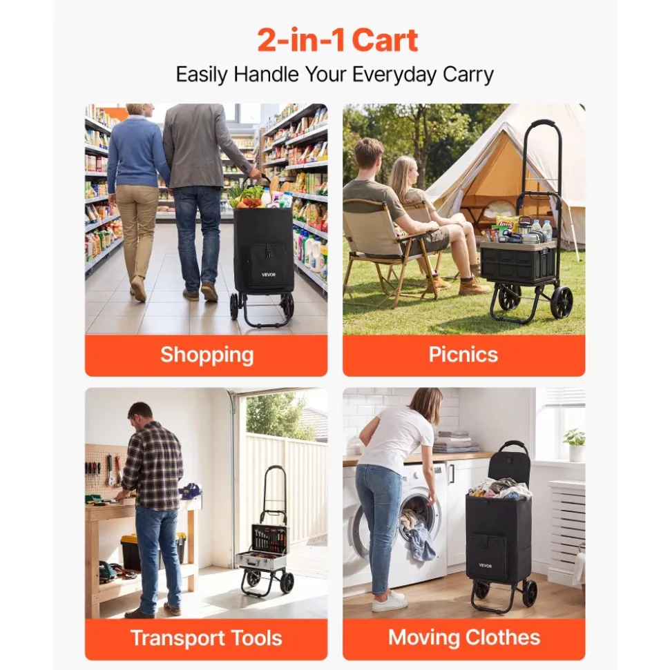 VEVOR Shopping Cart with Wheels Foldable Trolley Dolly for Groceries Black, 2-in-1 Rolling Utility Cart with Detachable Bag, Soft Foam Handle, Storage Compartments, Compact for Market Laundry Camping