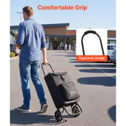 VEVOR Shopping Cart with Wheels Foldable Trolley Dolly for Groceries Black, 2-in-1 Rolling Utility Cart with Detachable Bag, Soft Foam Handle, Storage Compartments, Compact for Market Laundry Camping