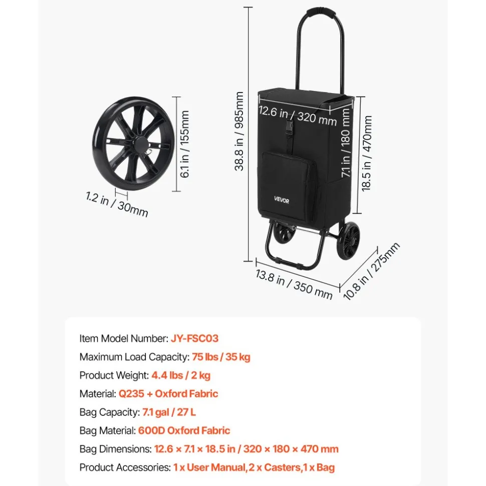 VEVOR Shopping Cart with Wheels Foldable Trolley Dolly for Groceries Black, 2-in-1 Rolling Utility Cart with Detachable Bag, Soft Foam Handle, Storage Compartments, Compact for Market Laundry Camping