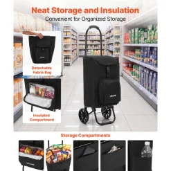 VEVOR Shopping Cart with Wheels Foldable Trolley Dolly for Groceries Black, 2-in-1 Rolling Utility Cart with Detachable Bag, Soft Foam Handle, Storage Compartments, Compact for Market Laundry Camping