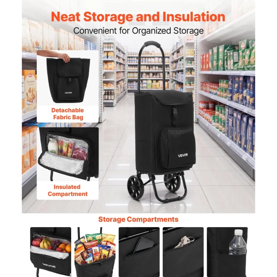 VEVOR Shopping Cart with Wheels Foldable Trolley Dolly for Groceries Black, 2-in-1 Rolling Utility Cart with Detachable Bag, Soft Foam Handle, Storage Compartments, Compact for Market Laundry Camping