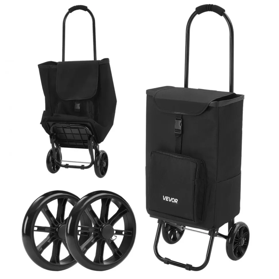 VEVOR Shopping Cart with Wheels Foldable Trolley Dolly for Groceries Black, 2-in-1 Rolling Utility Cart with Detachable Bag, Soft Foam Handle, Storage Compartments, Compact for Market Laundry Camping