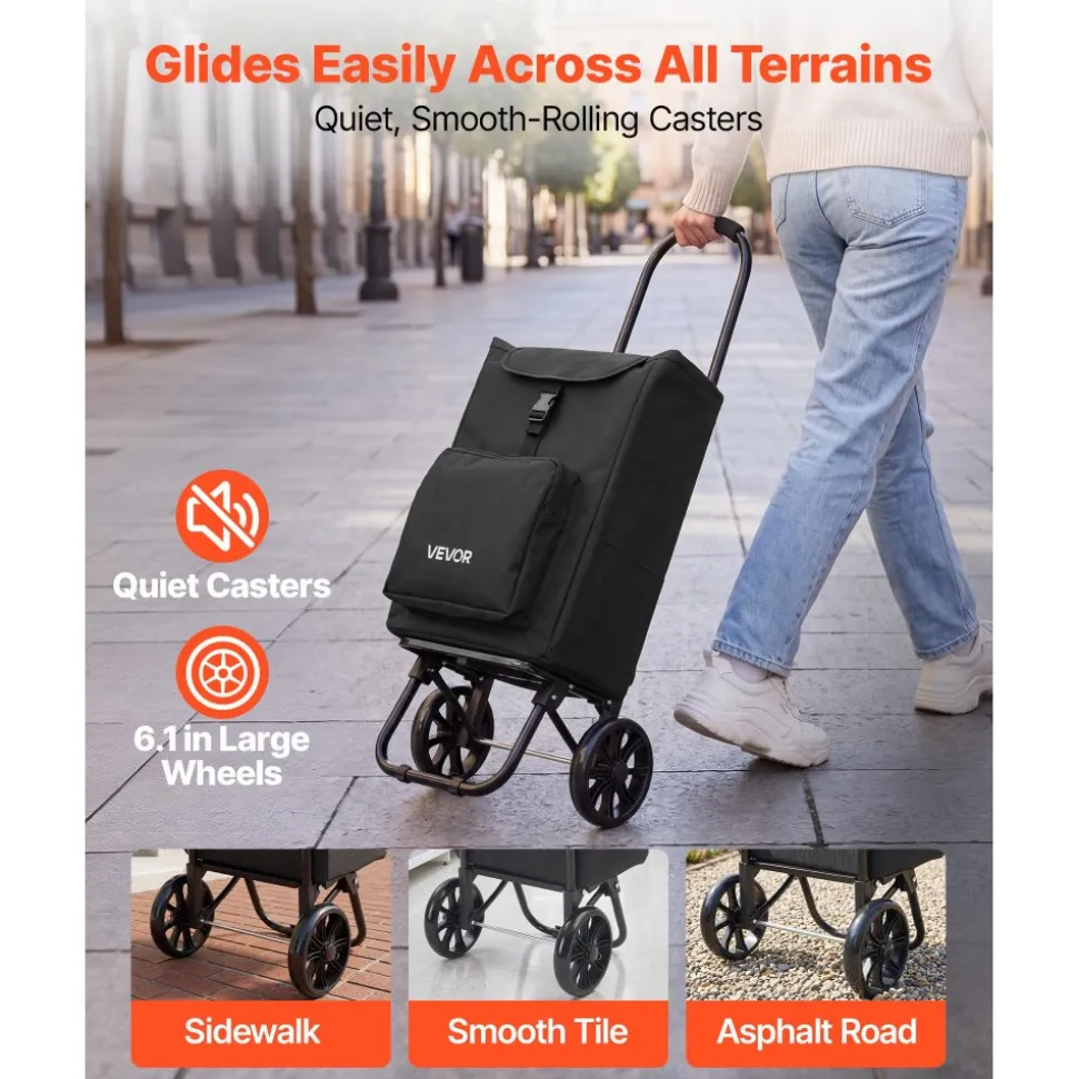 VEVOR Shopping Cart with Wheels Foldable Trolley Dolly for Groceries Black, 2-in-1 Rolling Utility Cart with Detachable Bag, Soft Foam Handle, Storage Compartments, Compact for Market Laundry Camping