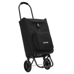 VEVOR Shopping Cart with Wheels Foldable Trolley Dolly for Groceries Black, 2-in-1 Rolling Utility Cart with Detachable Bag, Soft Foam Handle, Storage Compartments, Compact for Market Laundry Camping