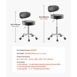 VEVOR Shop Stool with Backrest, Pneumatic Garage Seat/Work Stool with Wheels, 300 lbs Load, Adjustable Roller Creeper Seat, 360° Swivel Padded Workshop Stool, for Garage, Shop & Auto Repair, Black