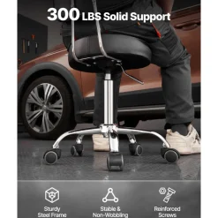 VEVOR Shop Stool with Backrest, Pneumatic Garage Seat/Work Stool with Wheels, 300 lbs Load, Adjustable Roller Creeper Seat, 360° Swivel Padded Workshop Stool, for Garage, Shop & Auto Repair, Black