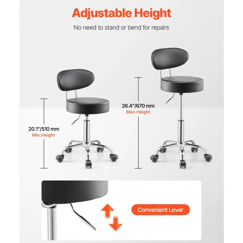 VEVOR Shop Stool with Backrest, Pneumatic Garage Seat/Work Stool with Wheels, 300 lbs Load, Adjustable Roller Creeper Seat, 360° Swivel Padded Workshop Stool, for Garage, Shop & Auto Repair, Black