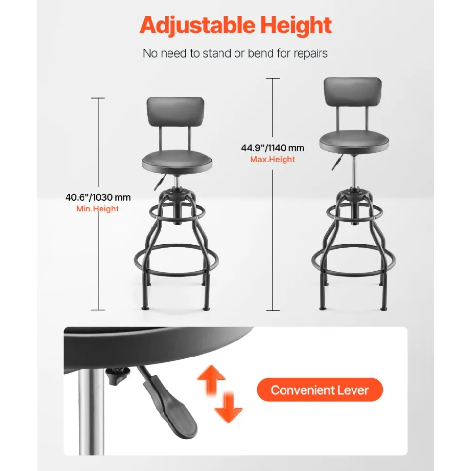 VEVOR Shop Stool with Backrest, Pneumatic Garage Seat/Work Stool with 300 lbs Capacity, Adjustable Height Roller Creeper Seat, 360° Swivel Padded Workshop Stool, for Garage, Shop & Auto Repair, Black