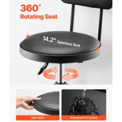 VEVOR Shop Stool with Backrest, Pneumatic Garage Seat/Work Stool with 300 lbs Capacity, Adjustable Height Roller Creeper Seat, 360° Swivel Padded Workshop Stool, for Garage, Shop & Auto Repair, Black