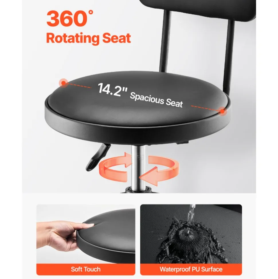 VEVOR Shop Stool with Backrest, Pneumatic Garage Seat/Work Stool with 300 lbs Capacity, Adjustable Height Roller Creeper Seat, 360° Swivel Padded Workshop Stool, for Garage, Shop & Auto Repair, Black