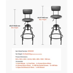 VEVOR Shop Stool with Backrest, Pneumatic Garage Seat/Work Stool with 300 lbs Capacity, Adjustable Height Roller Creeper Seat, 360° Swivel Padded Workshop Stool, for Garage, Shop & Auto Repair, Black