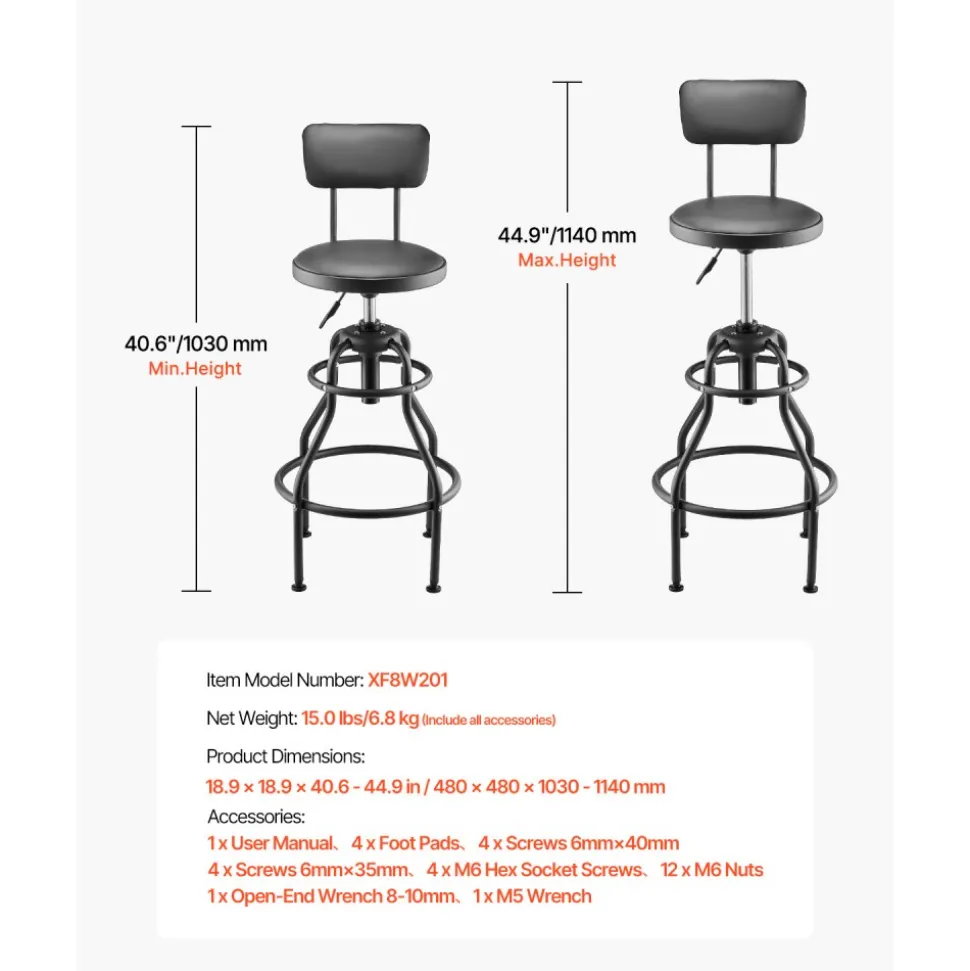 VEVOR Shop Stool with Backrest, Pneumatic Garage Seat/Work Stool with 300 lbs Capacity, Adjustable Height Roller Creeper Seat, 360° Swivel Padded Workshop Stool, for Garage, Shop & Auto Repair, Black