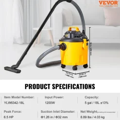 VEVOR Shop Vacuum Wet And Dry, 5 Gallon 6 Peak HP Wet/Dry Vac, Powerful Suction with Blower Function with Attachments 2-in-1 Crevice Nozzle, Small Shop Vac Perfect for Carpet Debris, Pet Hair, Car