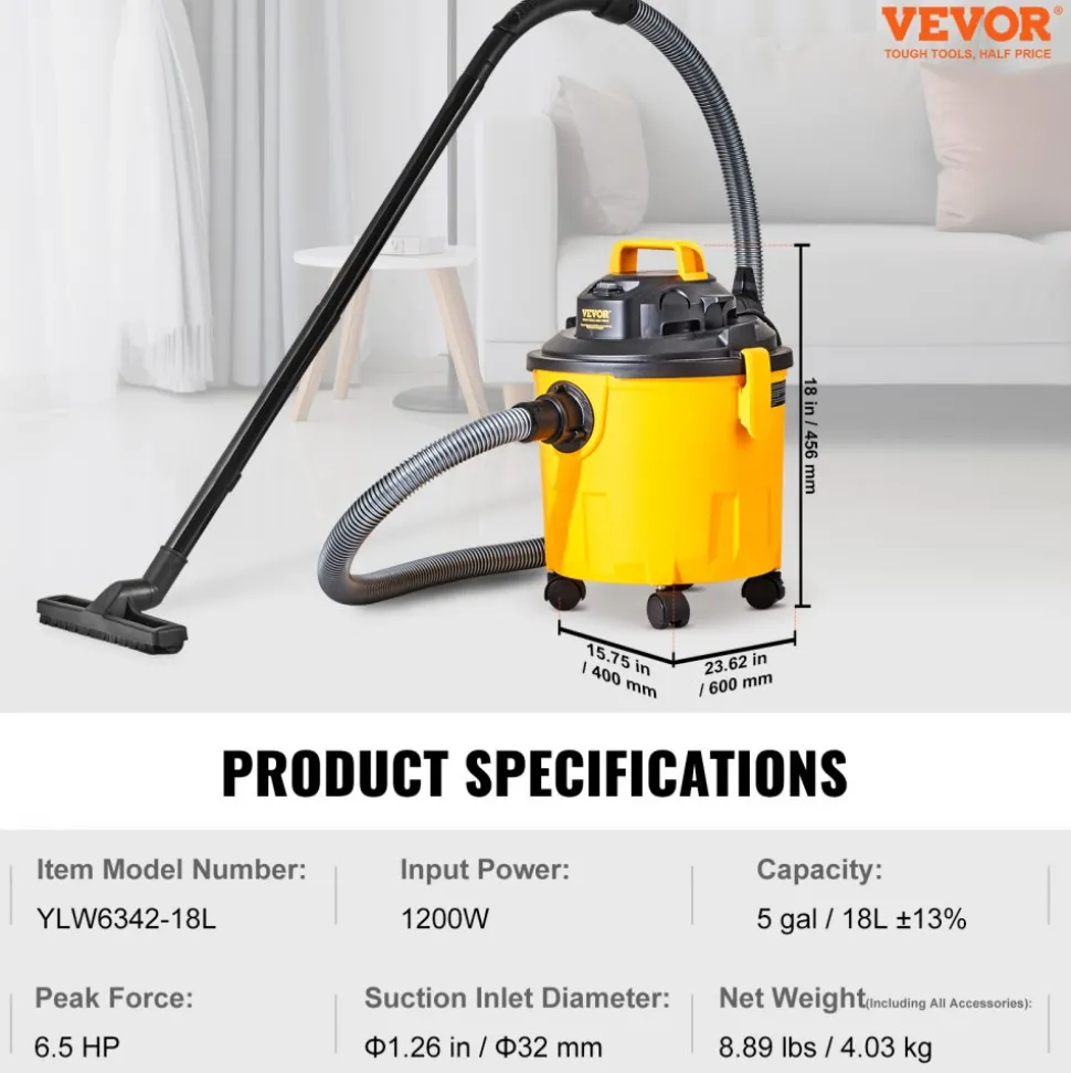 VEVOR Shop Vacuum Wet And Dry, 5 Gallon 6 Peak HP Wet/Dry Vac, Powerful Suction with Blower Function with Attachments 2-in-1 Crevice Nozzle, Small Shop Vac Perfect for Carpet Debris, Pet Hair, Car
