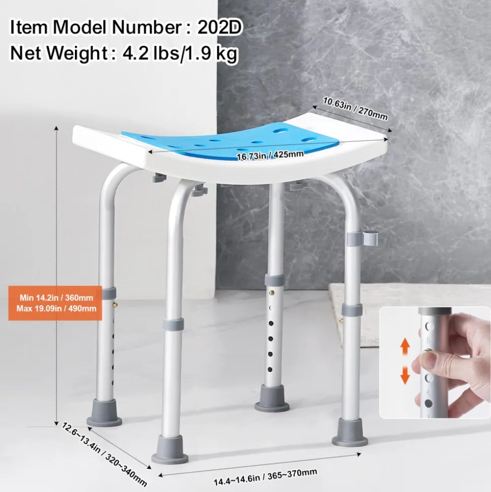 VEVOR Shower Chair, Adjustable Height Shower Stool, Shower Seat for Inside Shower or Tub, Non-Slip Bench Bathtub Stool Seat for Elderly Disabled Handicap, 350 LBS Capacity