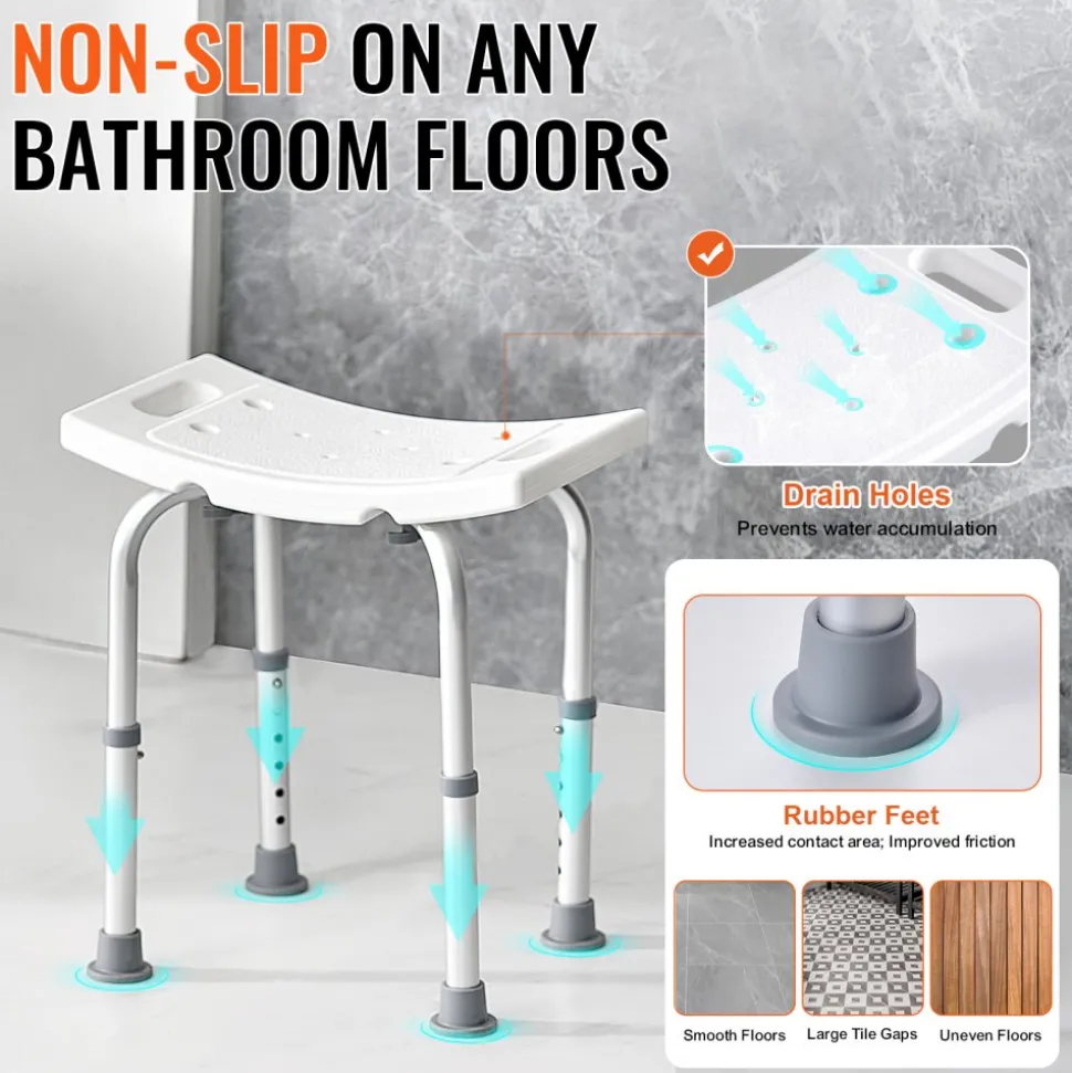 VEVOR Shower Chair, Adjustable Height Shower Stool with Built-in Handles, Shower Seat for Inside Shower or Tub, Non-Slip Bench Bathtub Stool Seat for Elderly Disabled Handicap, 158.8 kg Capacity