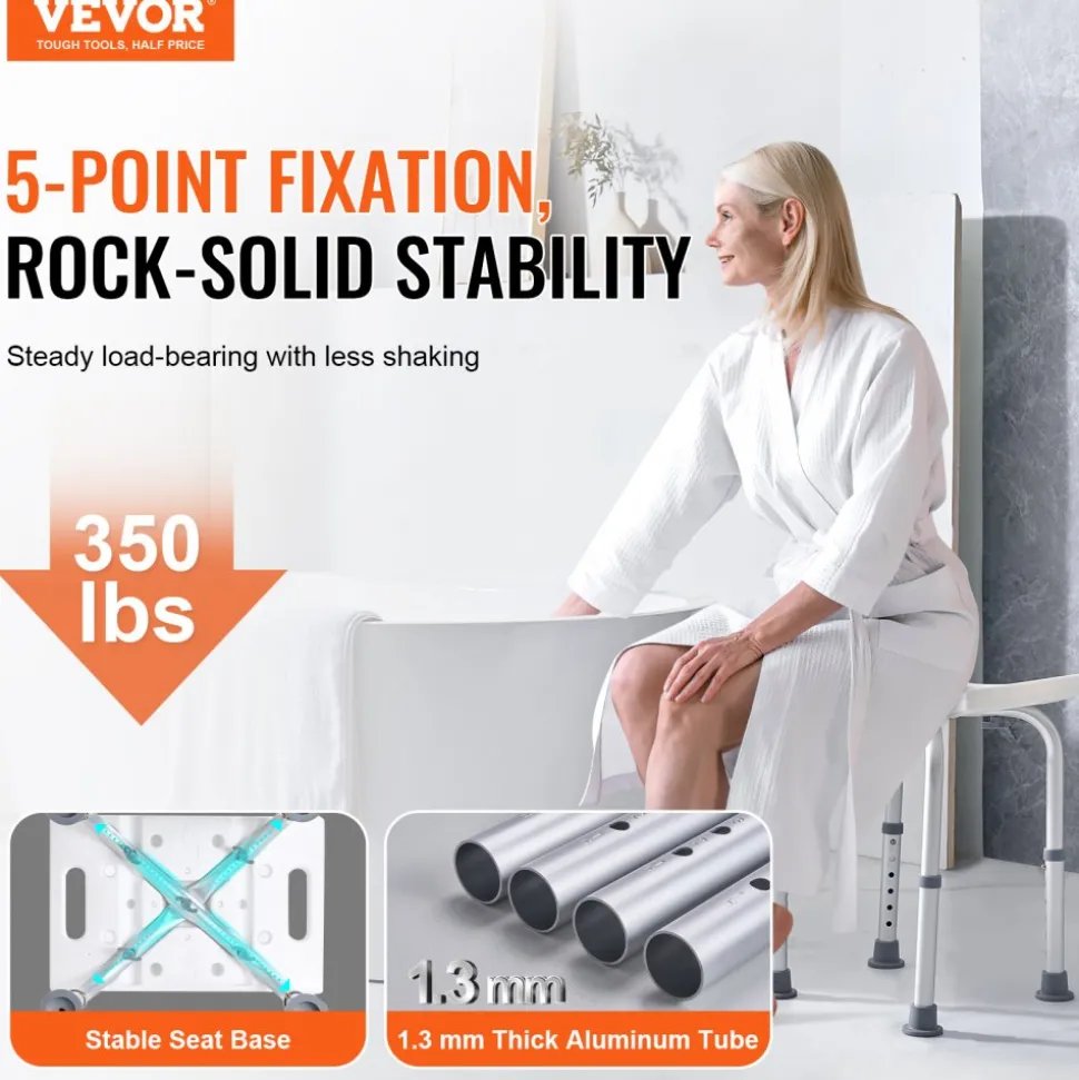 VEVOR Shower Chair, Adjustable Height Shower Stool with Built-in Handles, Shower Seat for Inside Shower or Tub, Non-Slip Bench Bathtub Stool Seat for Elderly Disabled Handicap, 158.8 kg Capacity