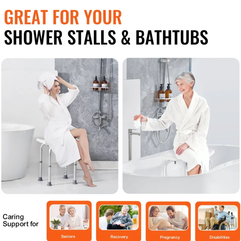 VEVOR Shower Chair, Adjustable Height Shower Stool with Built-in Handles, Shower Seat for Inside Shower or Tub, Non-Slip Bench Bathtub Stool Seat for Elderly Disabled Handicap, 158.8 kg Capacity