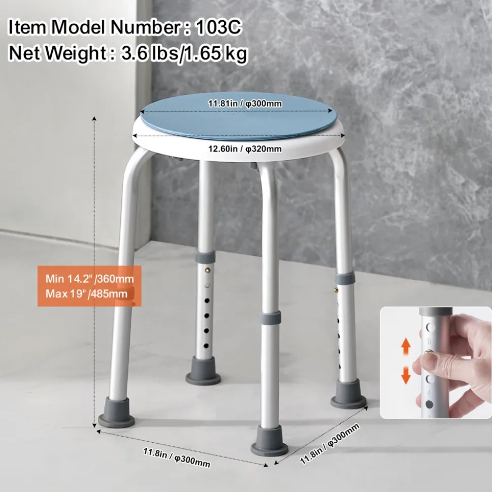 VEVOR Shower Chair for Inside Shower, 360 Degree Swivel Shower Seat, Adjustable Height Shower Stool, Non-Slip Bench Bathtub Seat Stool for Elderly Disabled Adults Handicap, 300 lbs Capacity