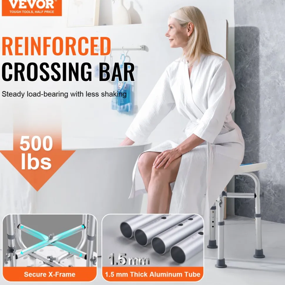 VEVOR Shower Chair for Inside Shower, Adjustable Height Shower Stool with Crossbar Support, Shower Seat for Shower Tub, Non-Slip Bench Bathtub Stool Seat for Elderly Disabled Adults Handicap, 500 lbs