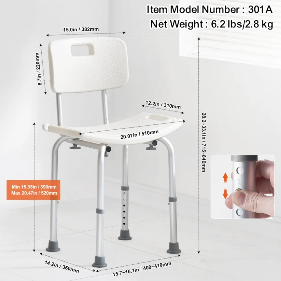 VEVOR Shower Chair, Shower Seat with Back, Adjustable Height Shower Stool, Shower Chair for Inside Shower Bathtub, Non-slip Bathroom Bench Bath Chair for Elderly Disabled Handicap, 350 lbs Capacity