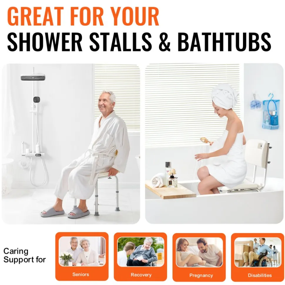 VEVOR Shower Chair, Shower Seat with Back, Adjustable Height Shower Stool, Shower Chair for Inside Shower Bathtub, Non-slip Bathroom Bench Bath Chair for Elderly Disabled Handicap, 350 lbs Capacity