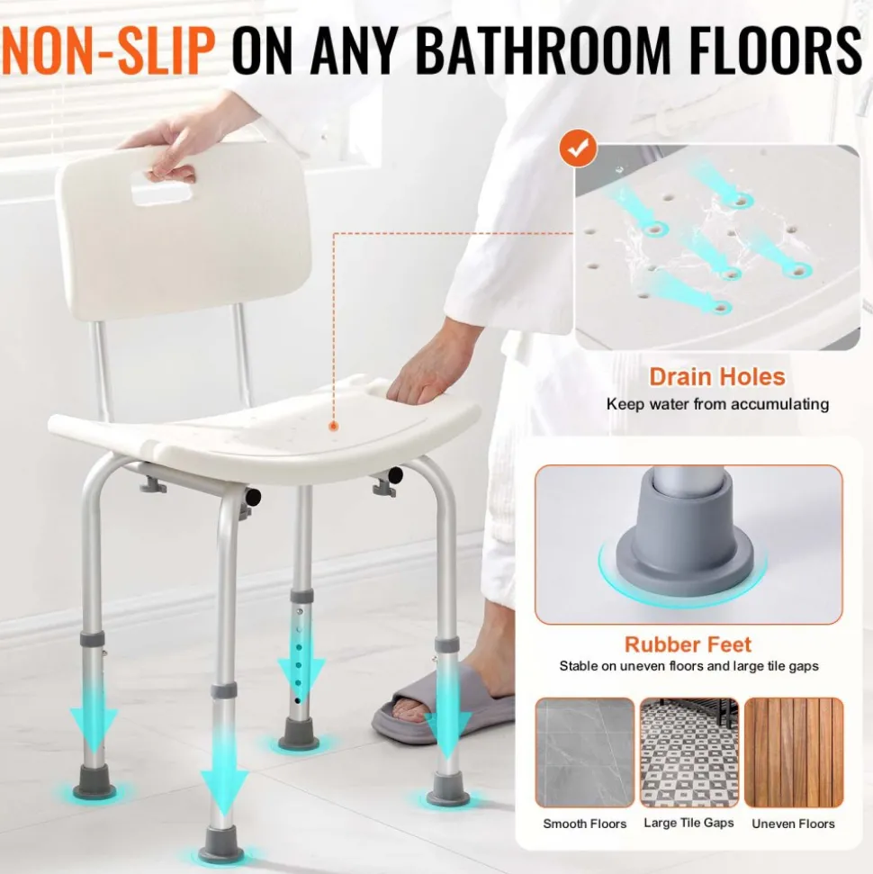 VEVOR Shower Chair, Shower Seat with Back, Adjustable Height Shower Stool, Shower Chair for Inside Shower Bathtub, Non-slip Bathroom Bench Bath Chair for Elderly Disabled Handicap, 350 lbs Capacity