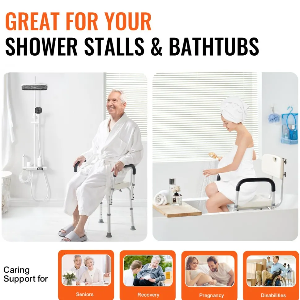 VEVOR Shower Chair, Shower Seat with Back, Adjustable Height Shower Stool, Shower Chair for Inside Shower Bathtub, Non-slip Bathroom Bench Bath Chair for Elderly Disabled Handicap, 350 LBS Capacity
