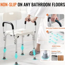 VEVOR Shower Chair, Shower Seat with Back, Adjustable Height Shower Stool, Shower Chair for Inside Shower Bathtub, Non-slip Bathroom Bench Bath Chair for Elderly Disabled Handicap, 350 LBS Capacity