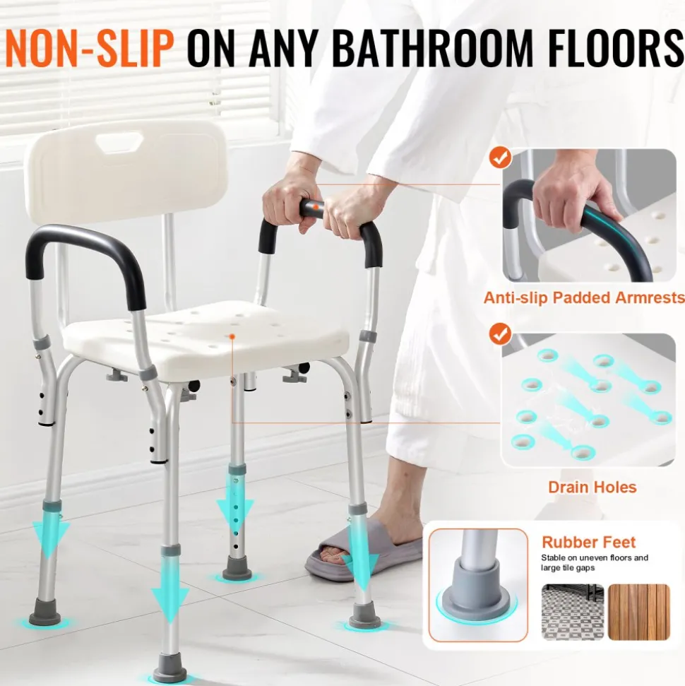 VEVOR Shower Chair, Shower Seat with Back, Adjustable Height Shower Stool, Shower Chair for Inside Shower Bathtub, Non-slip Bathroom Bench Bath Chair for Elderly Disabled Handicap, 350 LBS Capacity