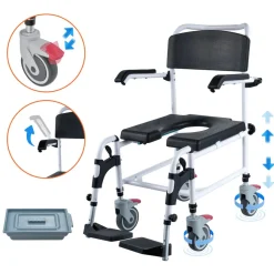 VEVOR Shower Commode Wheelchair with 4 Lockable Wheels, Footrests, Flip-up Arms, 3-Level Adjustable Height, 5L Removable Bucket, 350 LBS Capacity, Commode Chair for Adults Seniors
